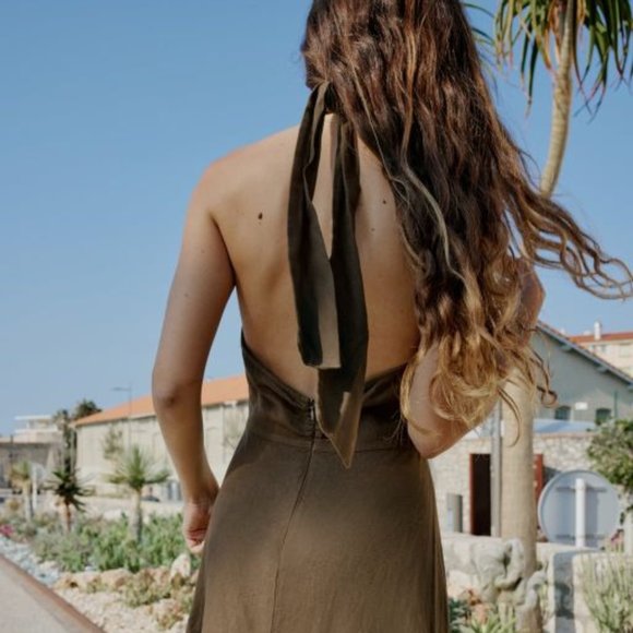 NWT // Zara Linen Blend Midi Halter Dress - Khaki Green - Picture 4 of 7